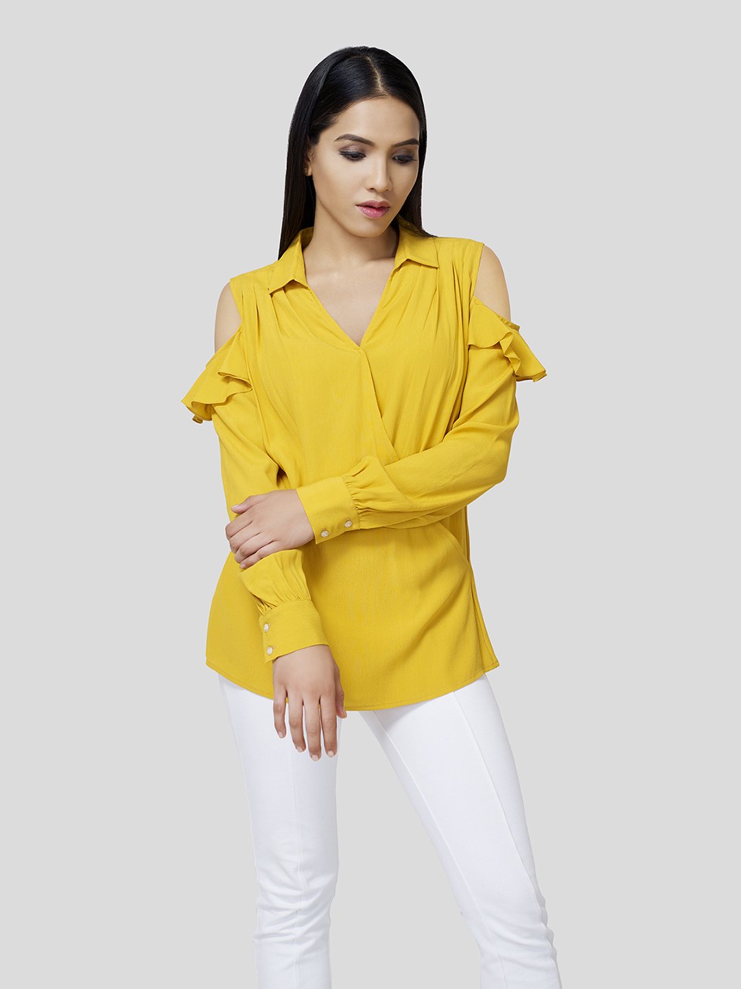 Draped Warp-Around Front Shirt With Cold Shoulder (Yellow) - STOMBIL TRADE 