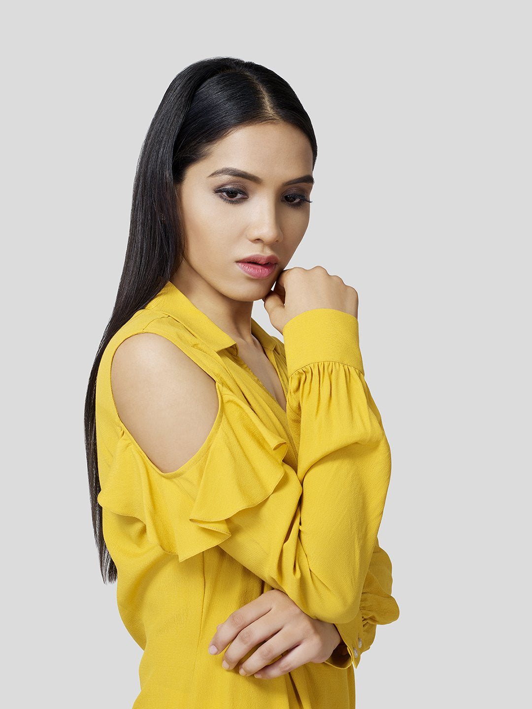 Draped Warp-Around Front Shirt With Cold Shoulder (Yellow) - STOMBIL TRADE 