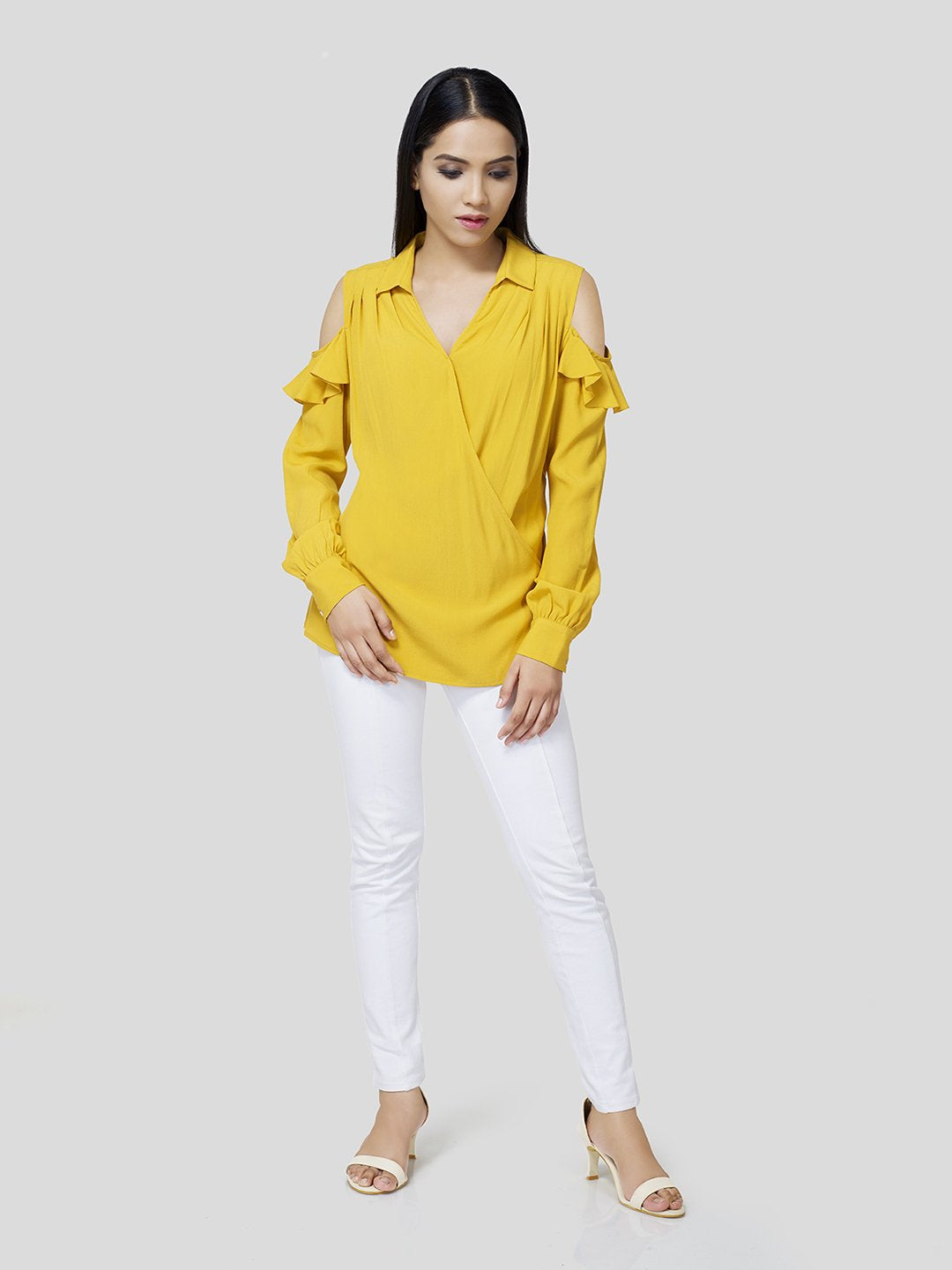 Draped Warp-Around Front Shirt With Cold Shoulder (Yellow) - STOMBIL TRADE 