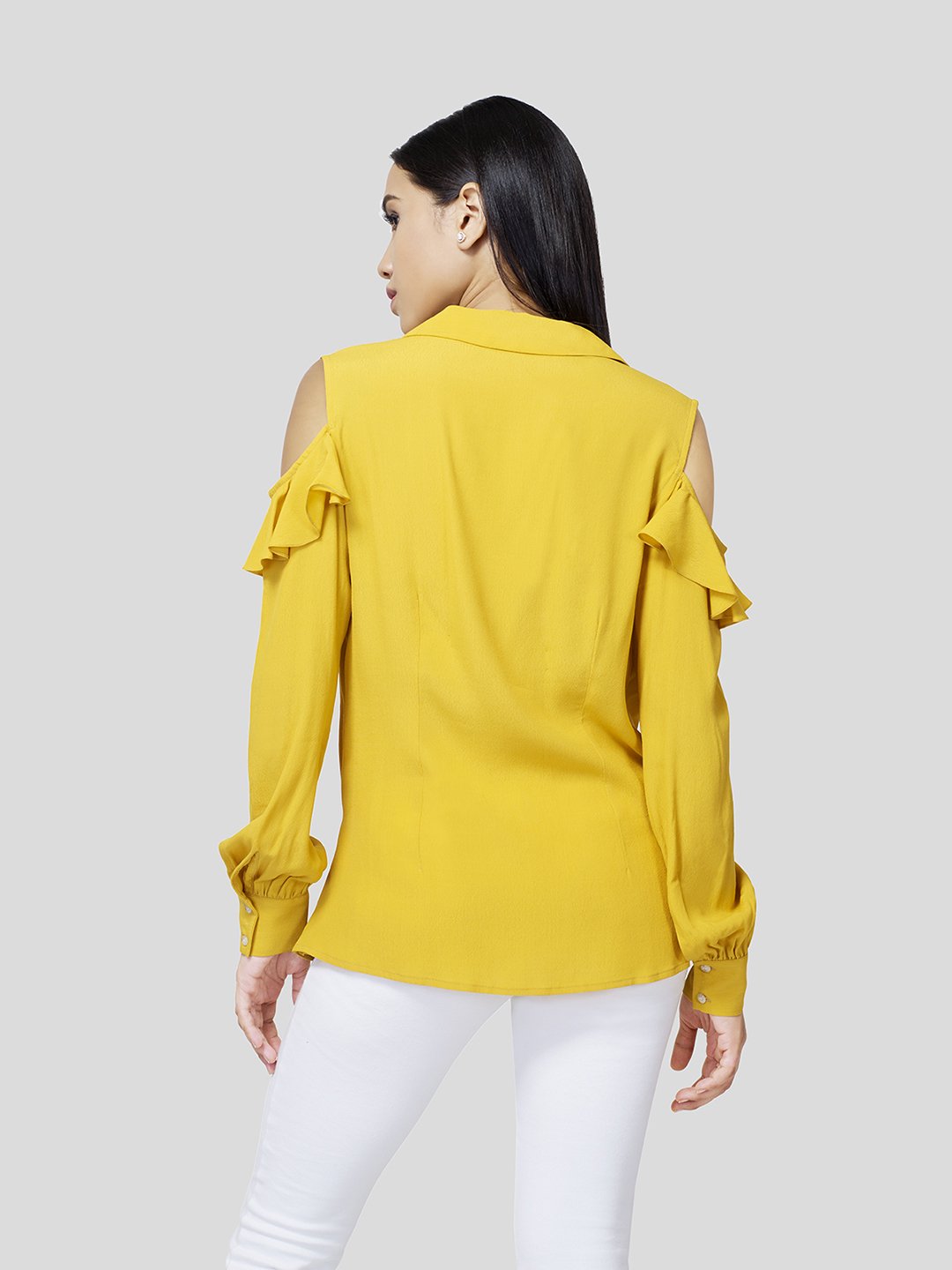 Draped Warp-Around Front Shirt With Cold Shoulder (Yellow) - STOMBIL TRADE 